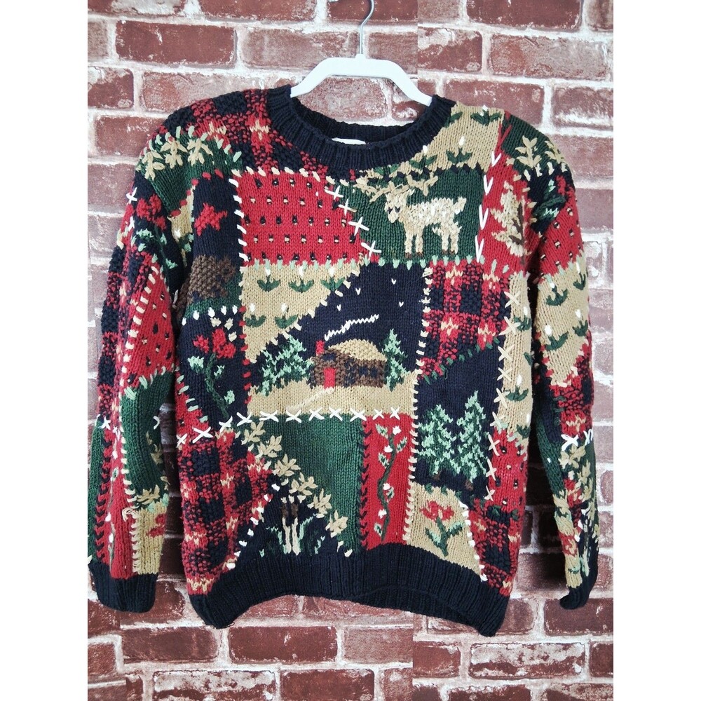 Portraits Northern Isles Women XL Patchwork Handknit Winter Cabin Scenes Artesia